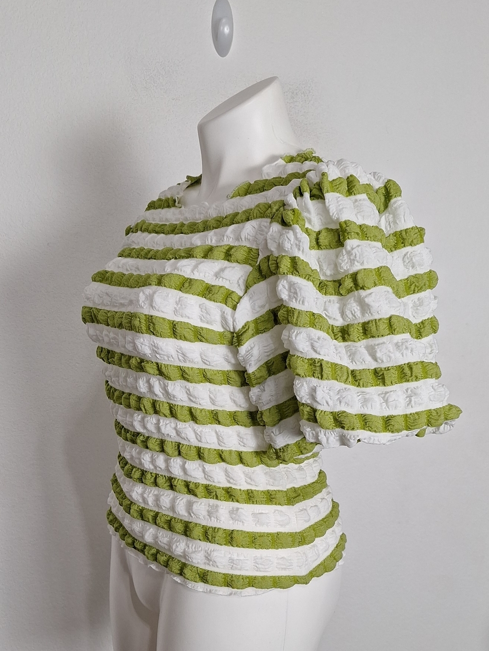 Kaktus “NEW” Green & White Striped Puff Sleeve Textured Cottagecore Top Size XL - Picture 5 of 9
